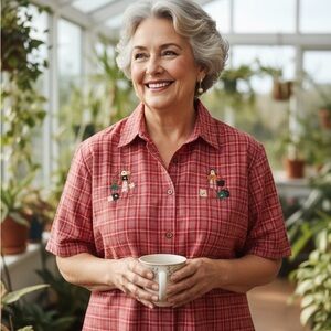 Vintage Allyson Whitmore Y2K 1990s Era Cute Red White Embroidered Shirt. 3XL.